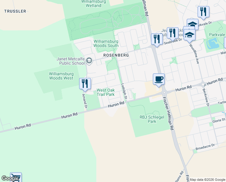 map of restaurants, bars, coffee shops, grocery stores, and more near 80 West Oak Trail in Kitchener
