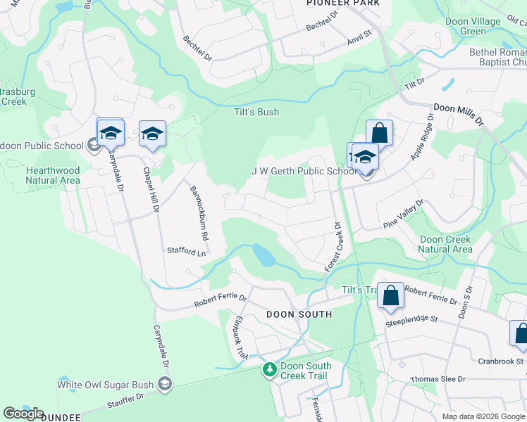 map of restaurants, bars, coffee shops, grocery stores, and more near 130 Pondcliffe Drive in Kitchener