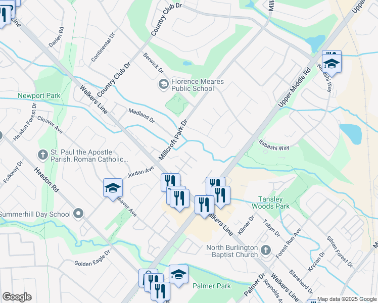 map of restaurants, bars, coffee shops, grocery stores, and more near 2075 Walkers Line in Burlington