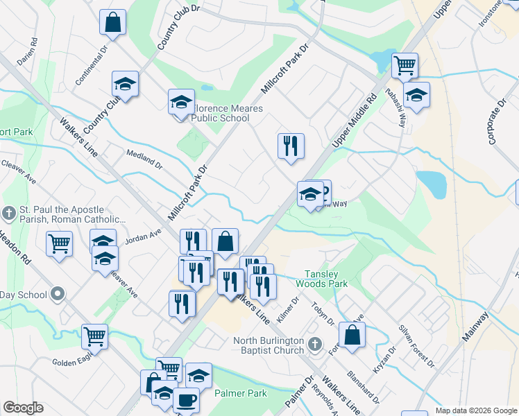 map of restaurants, bars, coffee shops, grocery stores, and more near 2044 Waterbridge Drive in Burlington