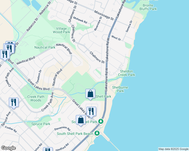 map of restaurants, bars, coffee shops, grocery stores, and more near 3296 Victoria Street in Oakville