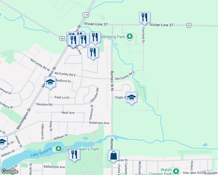 map of restaurants, bars, coffee shops, grocery stores, and more near 97 Gregory Crescent in Stratford