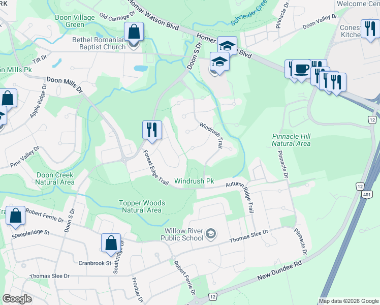 map of restaurants, bars, coffee shops, grocery stores, and more near 28 Everwood Run in Kitchener