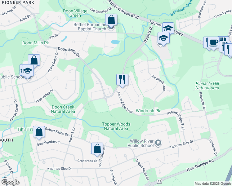map of restaurants, bars, coffee shops, grocery stores, and more near 123 Forest Edge Trail in Kitchener