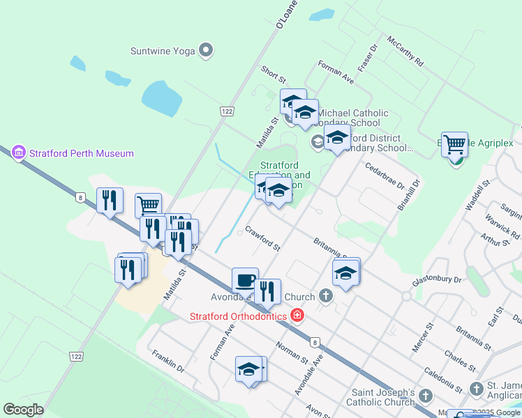 map of restaurants, bars, coffee shops, grocery stores, and more near 9 Nightingale Place in Stratford