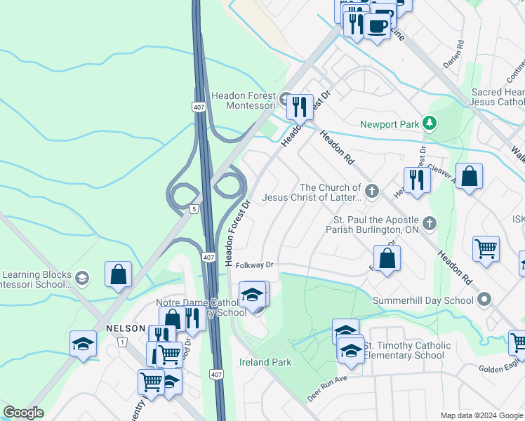 map of restaurants, bars, coffee shops, grocery stores, and more near 3272 Woodcroft Crescent in Burlington