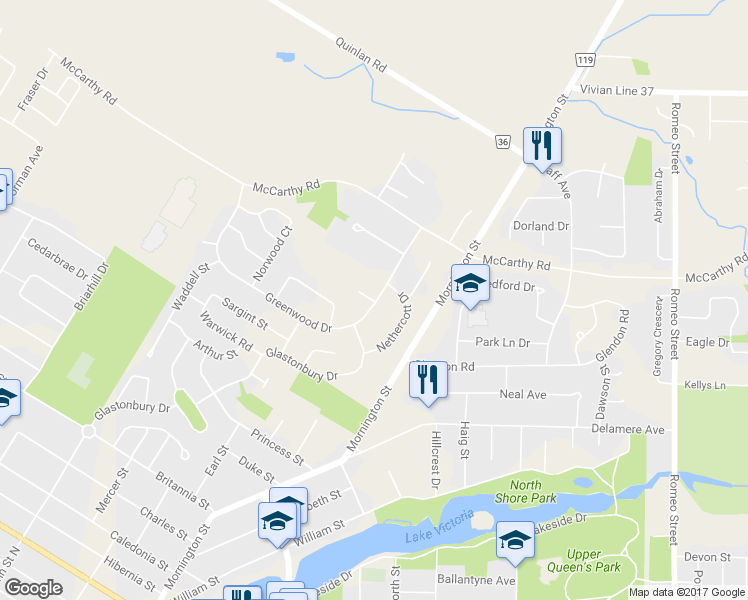 map of restaurants, bars, coffee shops, grocery stores, and more near 90 Greenwood Drive in Stratford