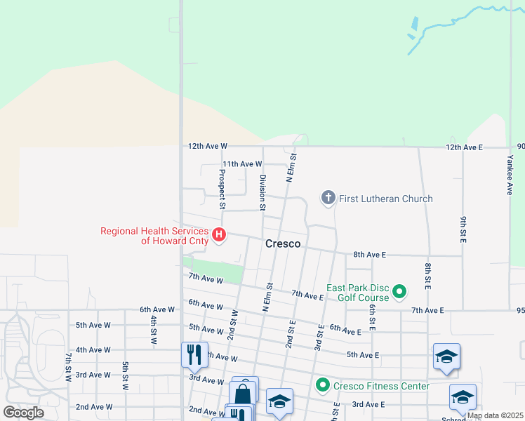 map of restaurants, bars, coffee shops, grocery stores, and more near 200 Valley Manor Drive in Cresco