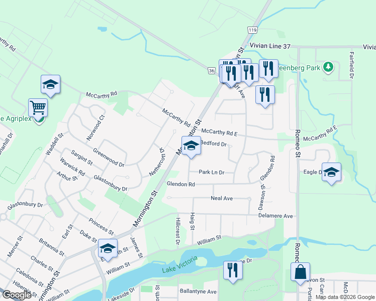 map of restaurants, bars, coffee shops, grocery stores, and more near 514 Mornington Street in Stratford