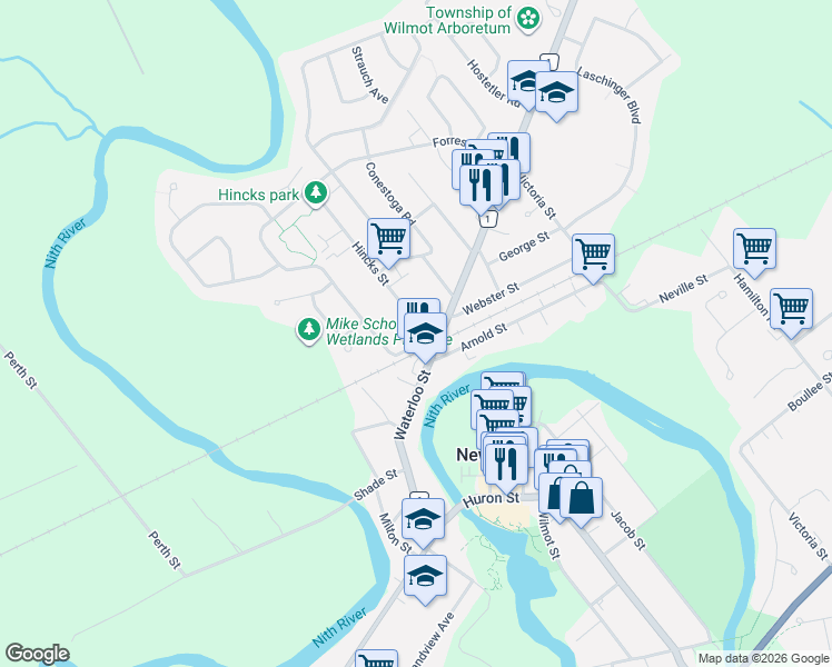 map of restaurants, bars, coffee shops, grocery stores, and more near 16 Hincks Street in New Hamburg