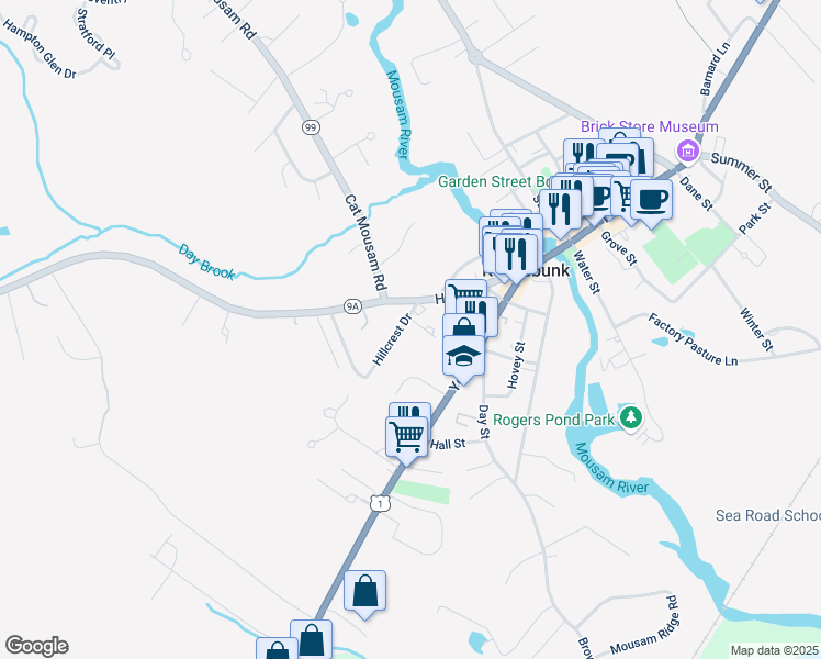 map of restaurants, bars, coffee shops, grocery stores, and more near 18 Hillcrest Drive in Kennebunk