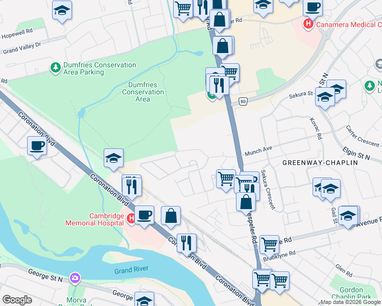 map of restaurants, bars, coffee shops, grocery stores, and more near 5 Isherwood Avenue in Cambridge