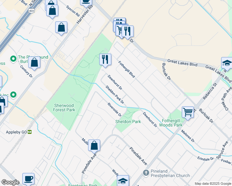 map of restaurants, bars, coffee shops, grocery stores, and more near 5406 Sheldon Park Drive in Burlington