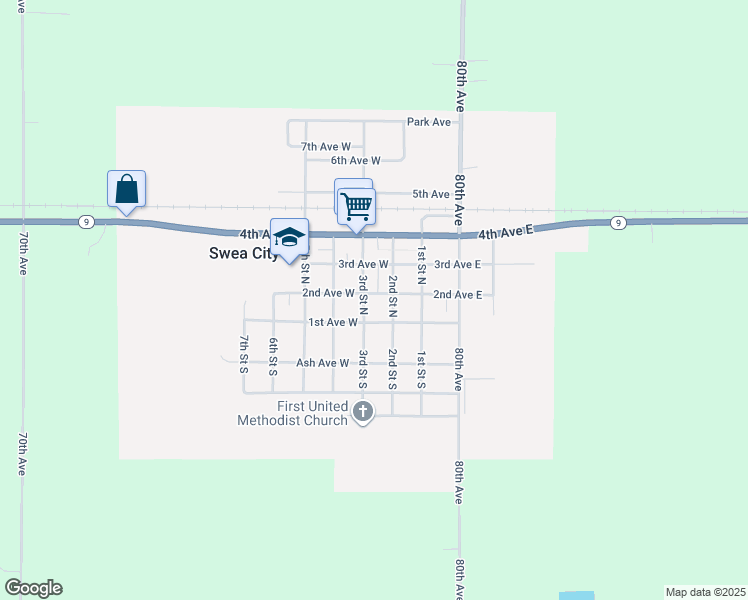 map of restaurants, bars, coffee shops, grocery stores, and more near 108 3rd Street North in Swea City