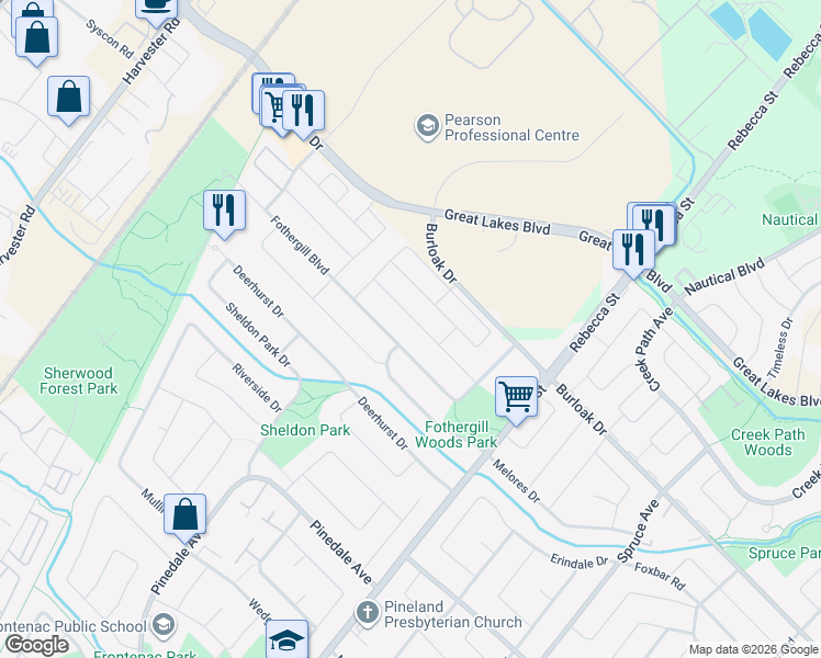 map of restaurants, bars, coffee shops, grocery stores, and more near 532 Eliza Crescent in Burlington