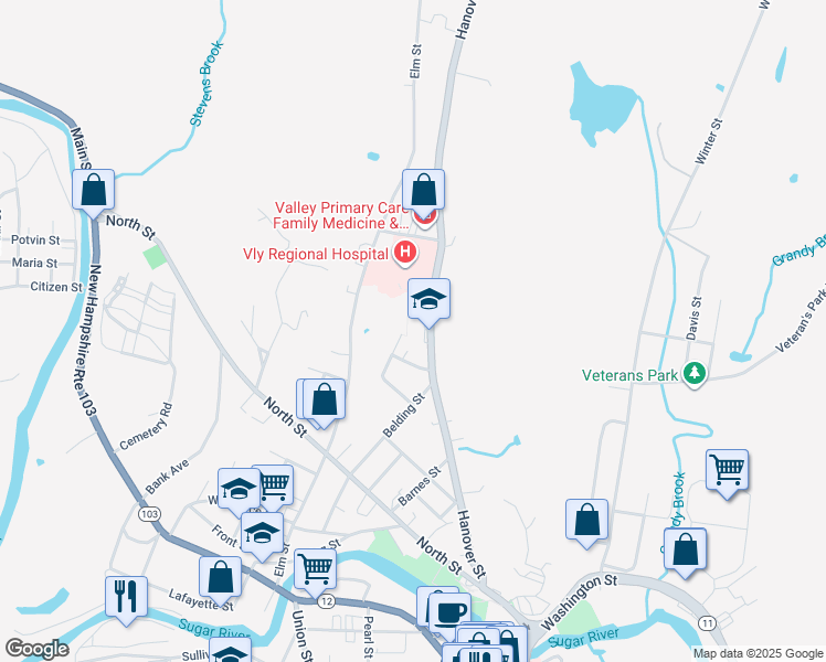 map of restaurants, bars, coffee shops, grocery stores, and more near 160 Hanover Street in Claremont