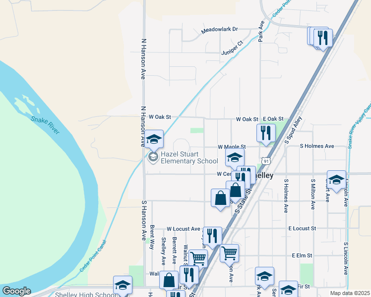 map of restaurants, bars, coffee shops, grocery stores, and more near 355 West Maple Street in Shelley