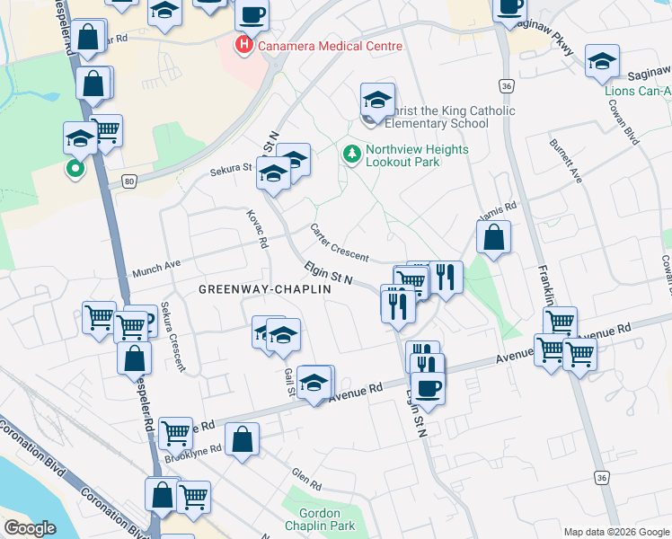 map of restaurants, bars, coffee shops, grocery stores, and more near 589 Elgin Street North in Cambridge