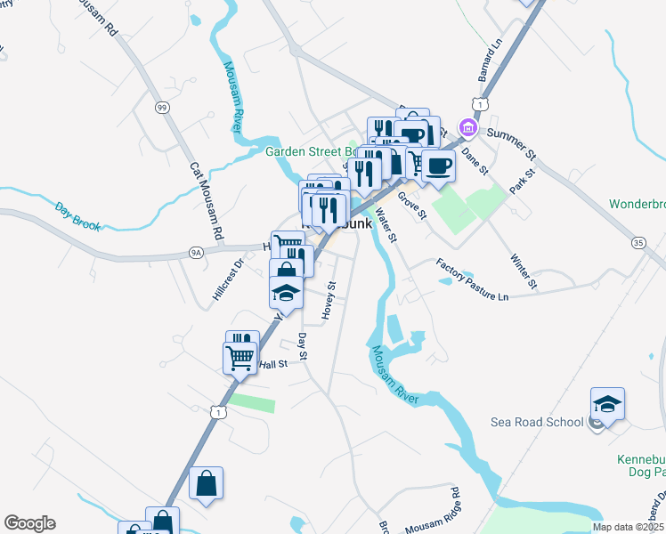 map of restaurants, bars, coffee shops, grocery stores, and more near 5 Hovey Street in Kennebunk
