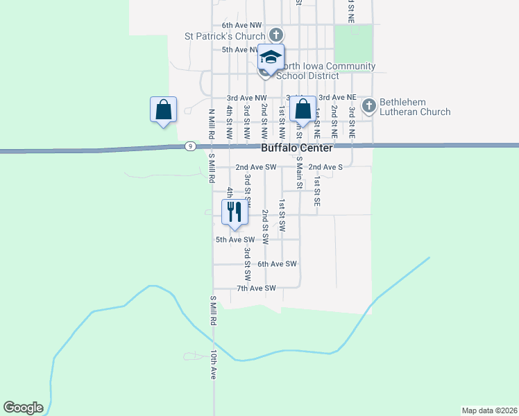 map of restaurants, bars, coffee shops, grocery stores, and more near 300-398 3rd Street Southwest in Buffalo Center