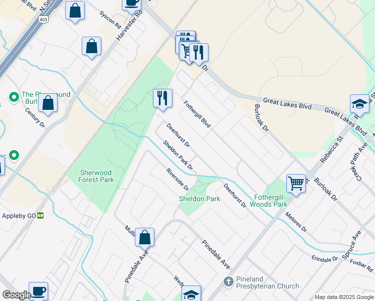 map of restaurants, bars, coffee shops, grocery stores, and more near 5406 Sheldon Park Drive in Burlington
