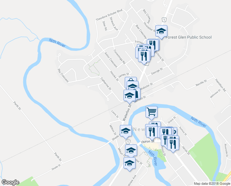 map of restaurants, bars, coffee shops, grocery stores, and more near 71 Catherine Street in New Hamburg