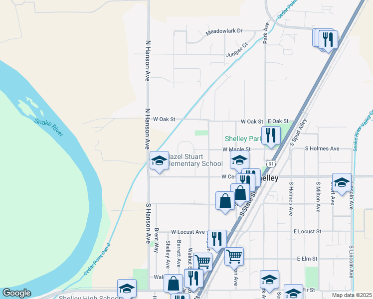 map of restaurants, bars, coffee shops, grocery stores, and more near 355 West Maple Street in Shelley
