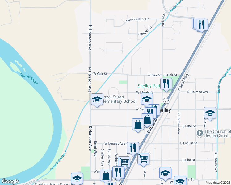 map of restaurants, bars, coffee shops, grocery stores, and more near 355 West Maple Street in Shelley