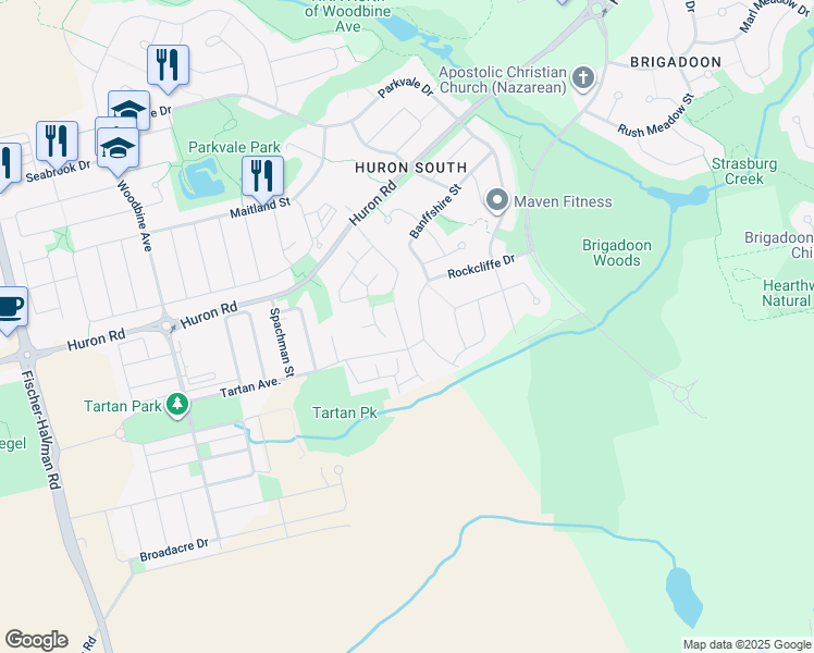 map of restaurants, bars, coffee shops, grocery stores, and more near in Kitchener