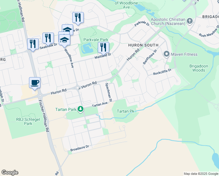 map of restaurants, bars, coffee shops, grocery stores, and more near 7 Plains Road in Kitchener