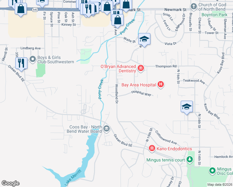 map of restaurants, bars, coffee shops, grocery stores, and more near 2263 Woodland Drive in Coos Bay
