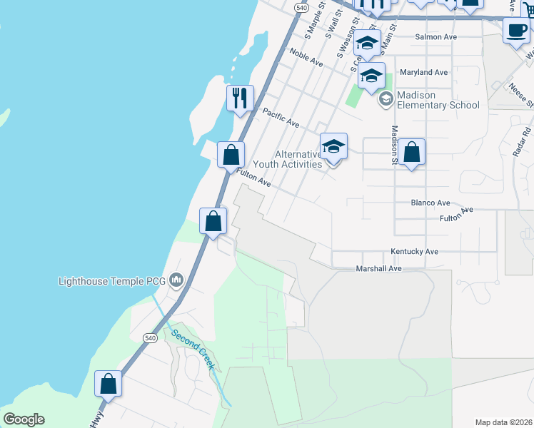 map of restaurants, bars, coffee shops, grocery stores, and more near 785 South Wasson Street in Coos Bay