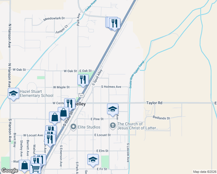 map of restaurants, bars, coffee shops, grocery stores, and more near 298 East Maple Street in Shelley