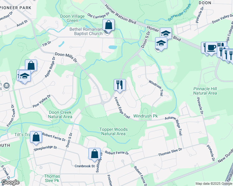 map of restaurants, bars, coffee shops, grocery stores, and more near 240 Doon South Drive in Kitchener