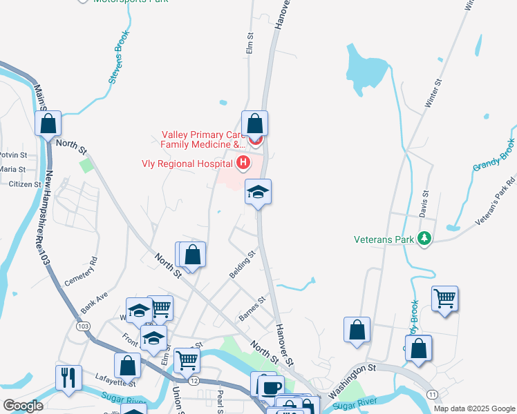 map of restaurants, bars, coffee shops, grocery stores, and more near 160 Hanover Street in Claremont
