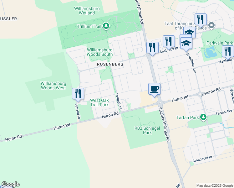 map of restaurants, bars, coffee shops, grocery stores, and more near Ludolph Street in Kitchener