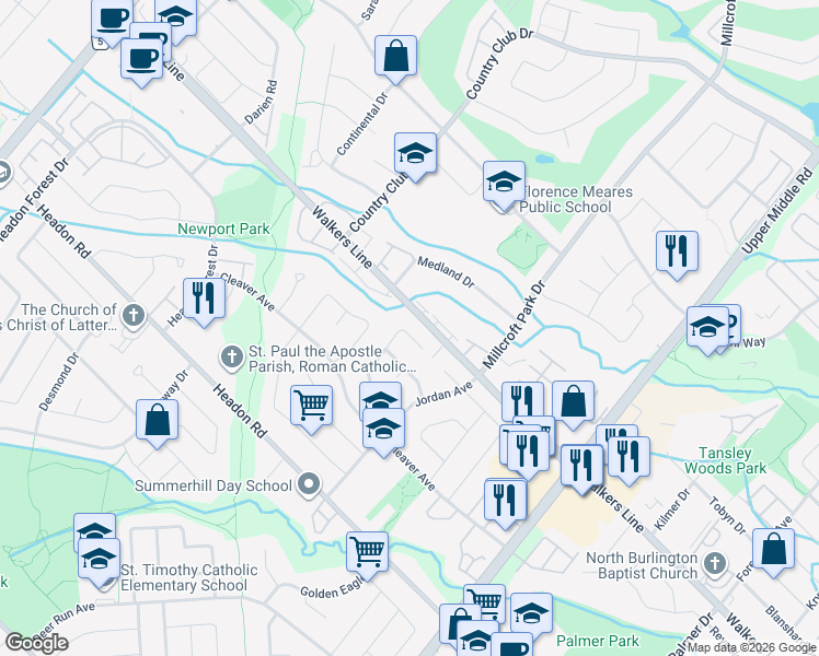 map of restaurants, bars, coffee shops, grocery stores, and more near in Burlington