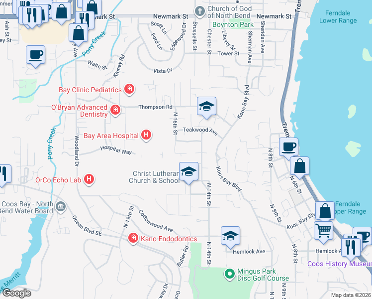 map of restaurants, bars, coffee shops, grocery stores, and more near 1560 Redwood Avenue in Coos Bay