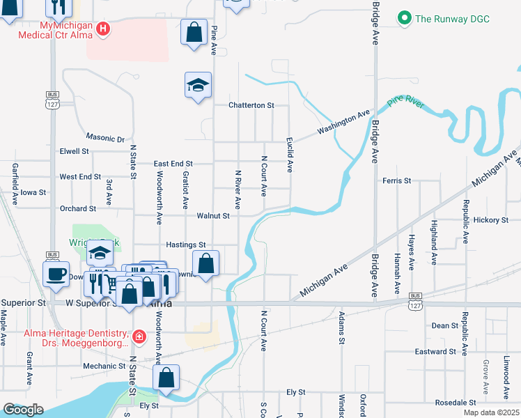 map of restaurants, bars, coffee shops, grocery stores, and more near 703 North Court Avenue in Alma