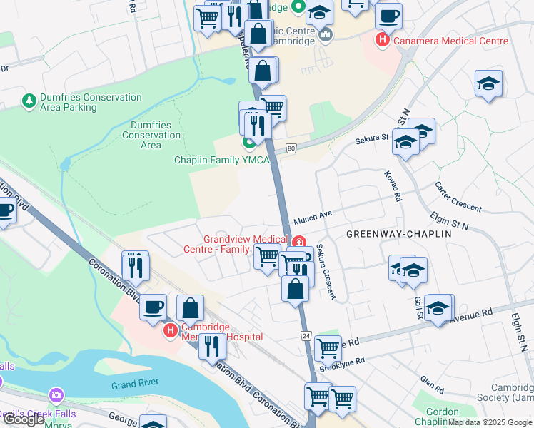map of restaurants, bars, coffee shops, grocery stores, and more near 190 Hespeler Road in Cambridge