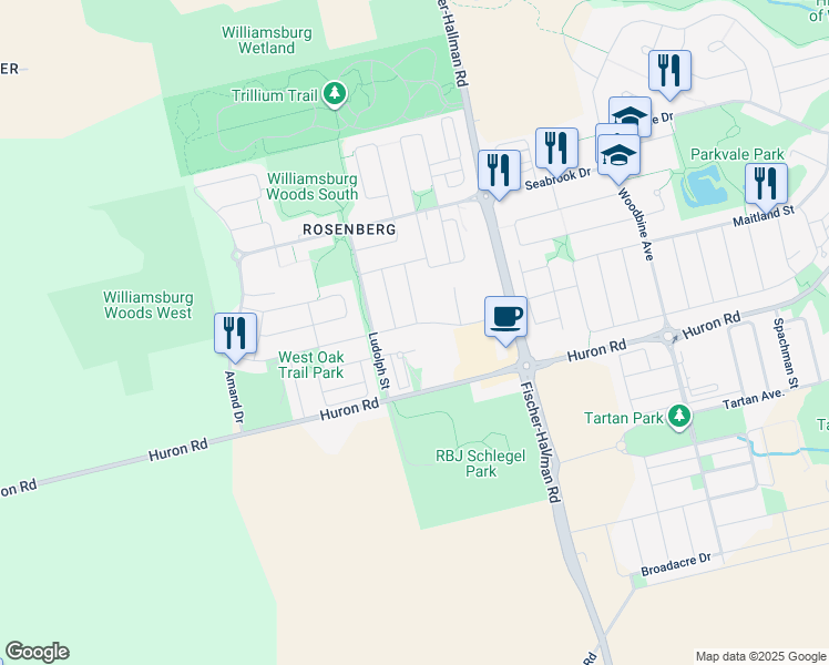 map of restaurants, bars, coffee shops, grocery stores, and more near 180 West Oak Trail in Kitchener