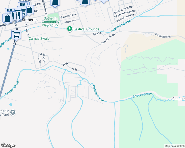map of restaurants, bars, coffee shops, grocery stores, and more near 1027 Forest Heights Street in Sutherlin