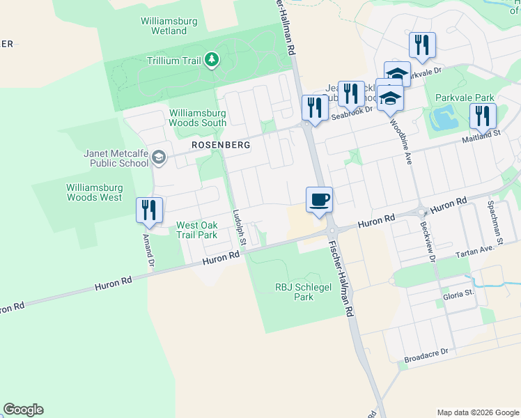 map of restaurants, bars, coffee shops, grocery stores, and more near 178 West Oak Trail in Kitchener