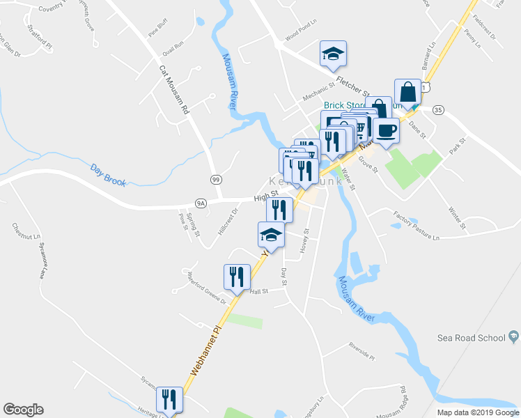 map of restaurants, bars, coffee shops, grocery stores, and more near 20 High Street in Kennebunk