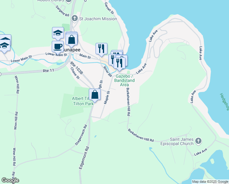map of restaurants, bars, coffee shops, grocery stores, and more near 12 Maple Court in Sunapee
