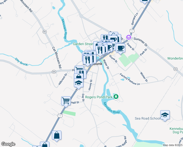 map of restaurants, bars, coffee shops, grocery stores, and more near 5 Hovey Street in Kennebunk