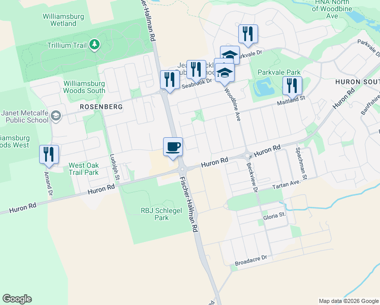 map of restaurants, bars, coffee shops, grocery stores, and more near 1696 Fischer-Hallman Road in Kitchener