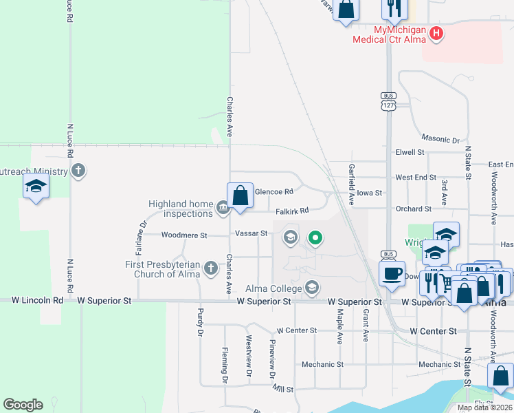map of restaurants, bars, coffee shops, grocery stores, and more near 1007 Falkirk Road in Alma