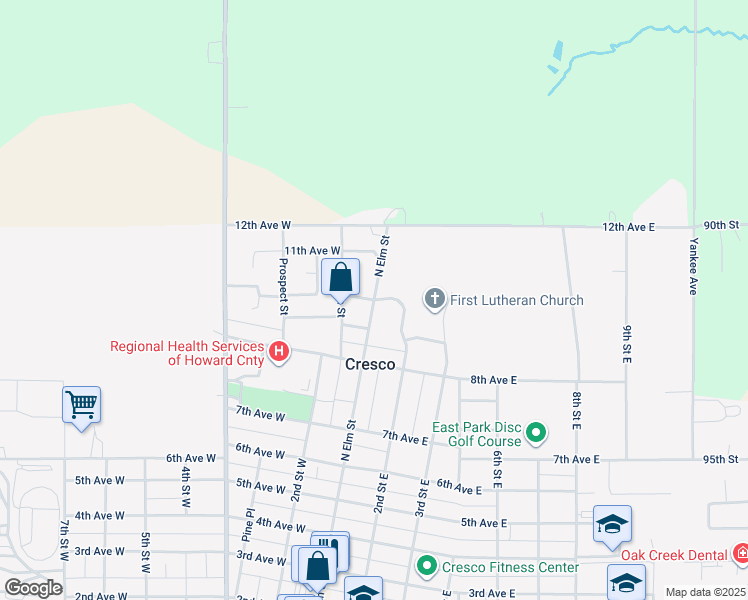 map of restaurants, bars, coffee shops, grocery stores, and more near 1001 North Elm Street in Cresco