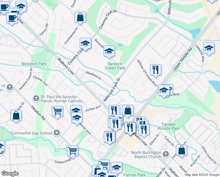 map of restaurants, bars, coffee shops, grocery stores, and more near 4136 Medland Drive in Burlington